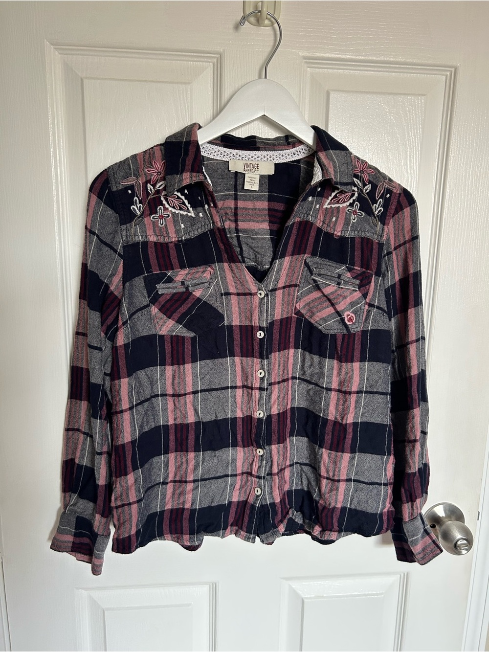 Vintage America Pink & Black Plaid Embroidered Button-Down Shirt Size L